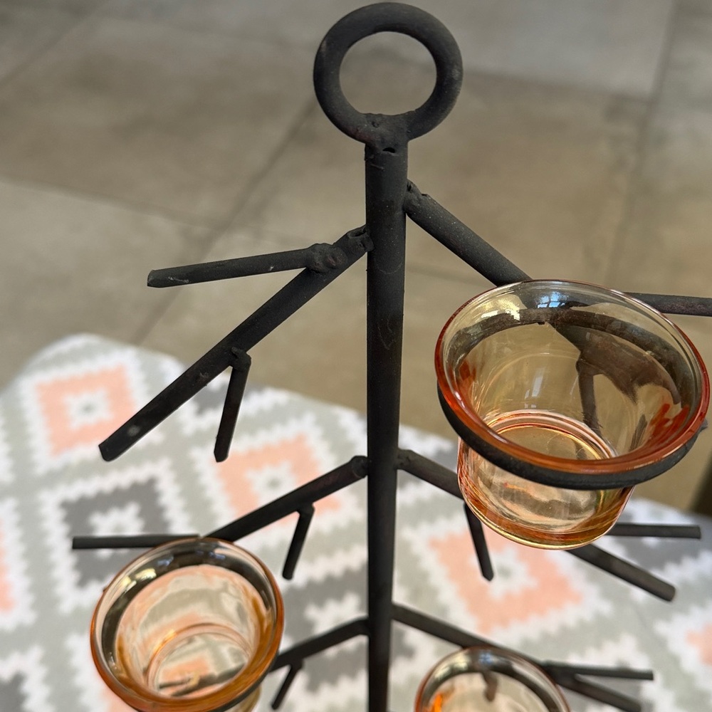 Black Metal Candle Holder Tree with Amber Glass Cups - Picture 3 of 7